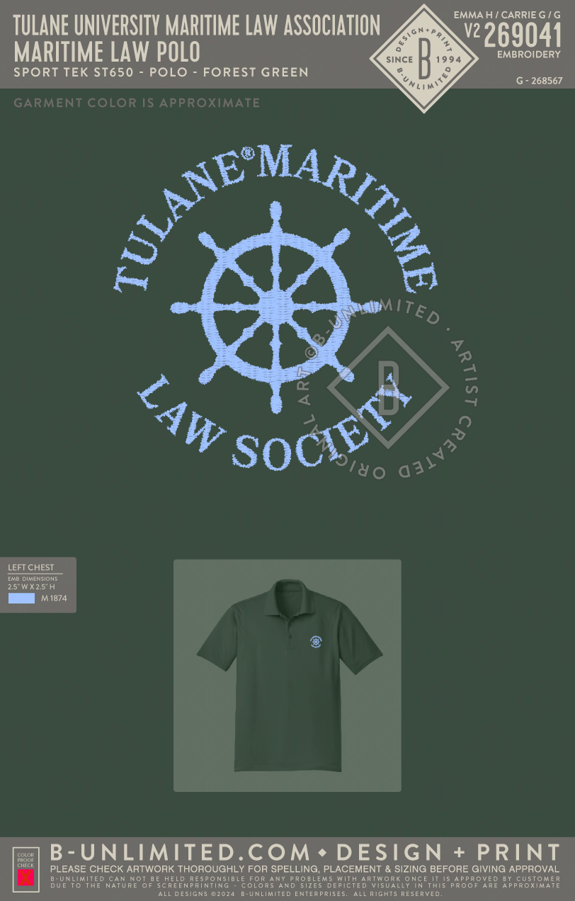 Tulane University Maritime Law Association - Maritime Law Polo - Sport Tek - ST350 - SS Dri Fit - Forest Green
