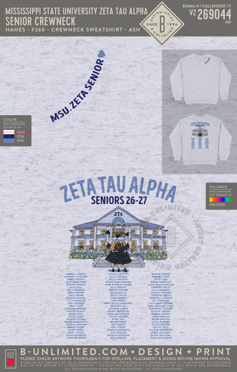 Mississippi State University Zeta Tau Alpha - Senior Crewneck - Hanes - F260 - Sweatshirt - Ash
