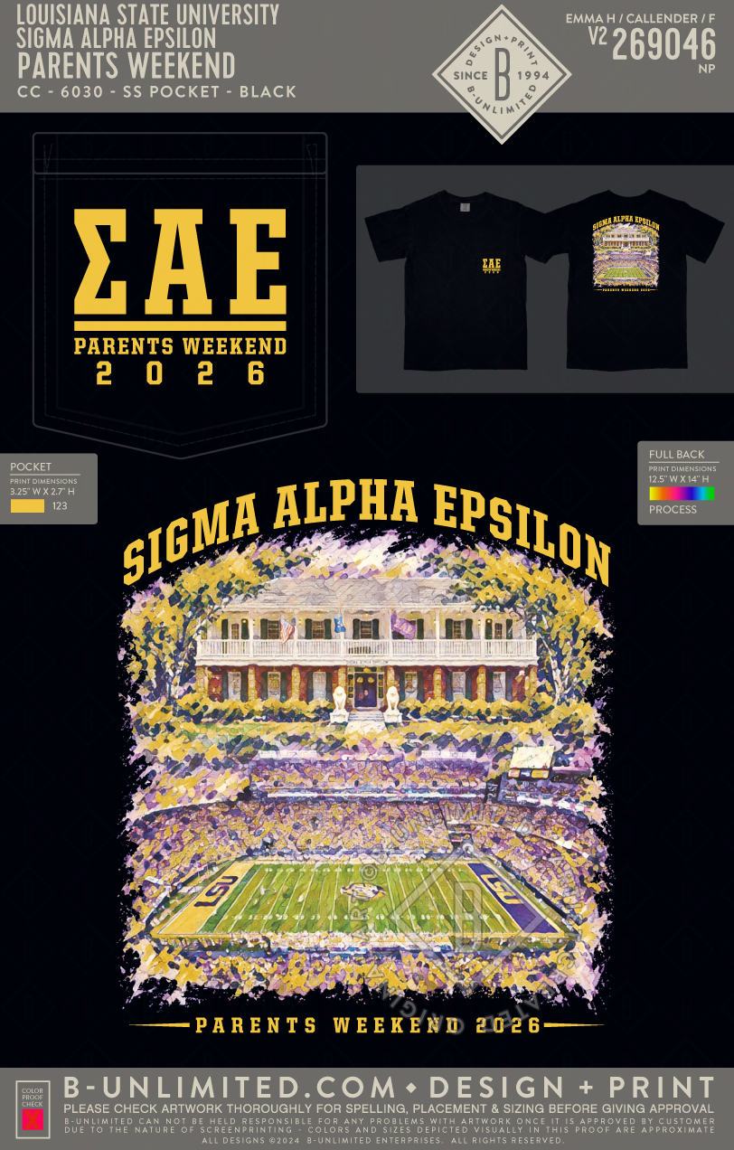 Louisiana State University Sigma Alpha Epsilon - Parents Weekend - CC - 6030 - SS Pocket - Black