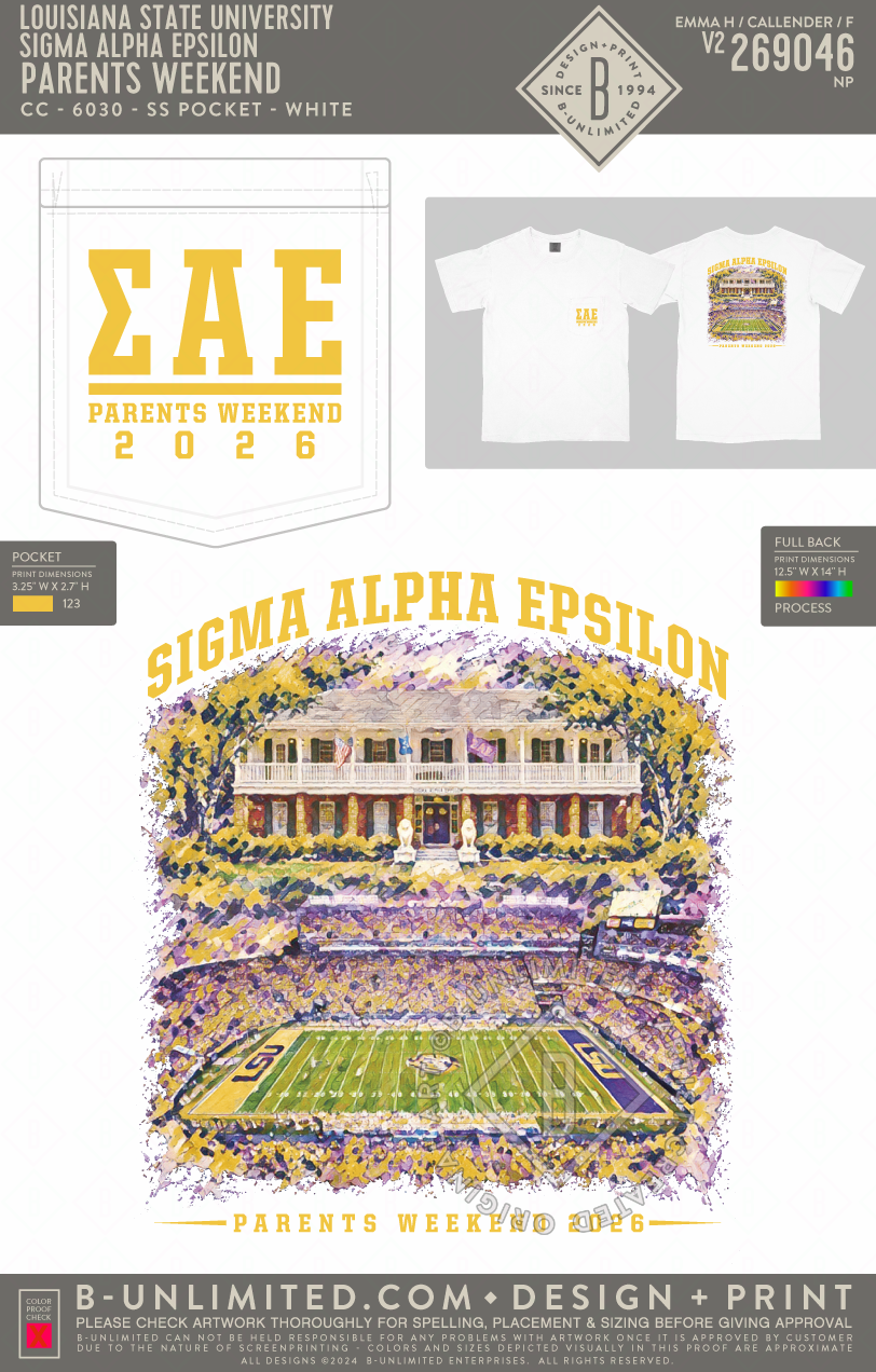 Louisiana State University Sigma Alpha Epsilon - Parents Weekend - CC - 6030 - SS Pocket - White