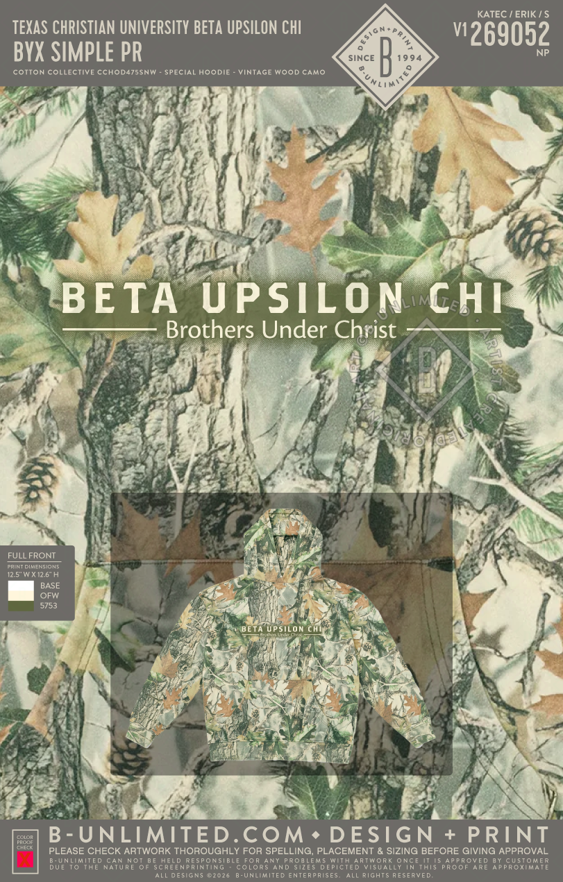 Texas Christian University Beta Upsilon Chi - BYX Simple PR - Cotton Collective - CCHOD475SNW - Special Hoodie - Vintage Wood Camo
