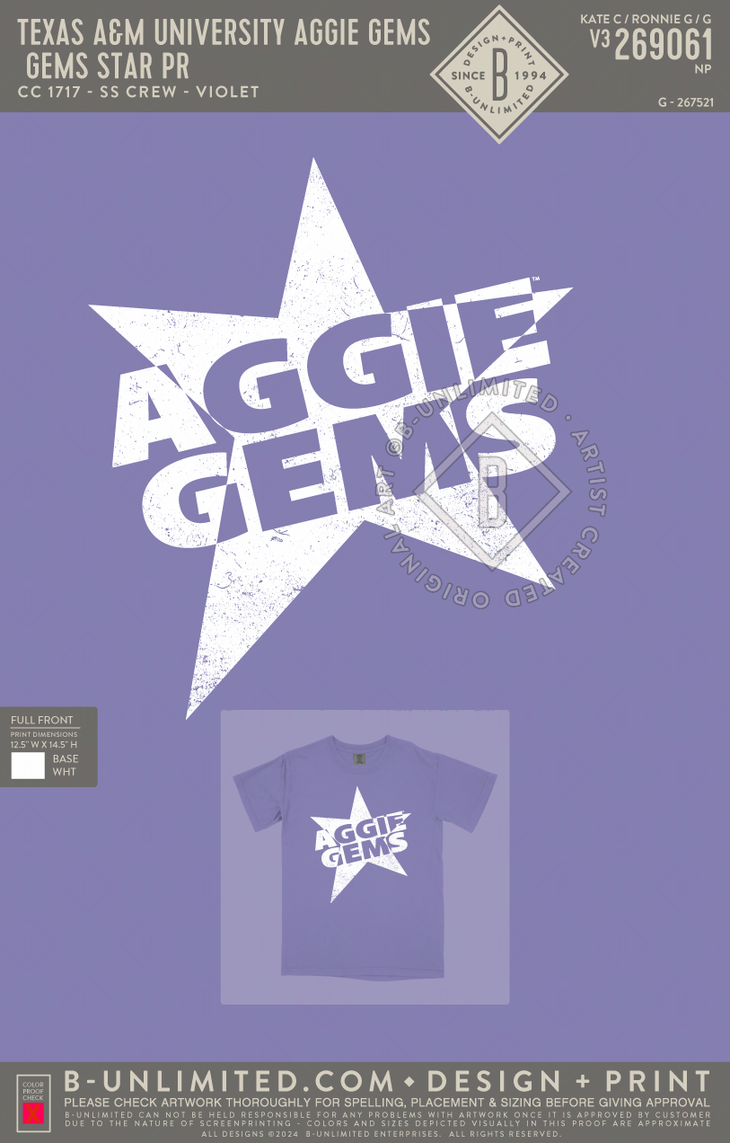 Texas A&M University Aggie Gems - Gems Star PR - CC - 1717 - SS Crew - Violet