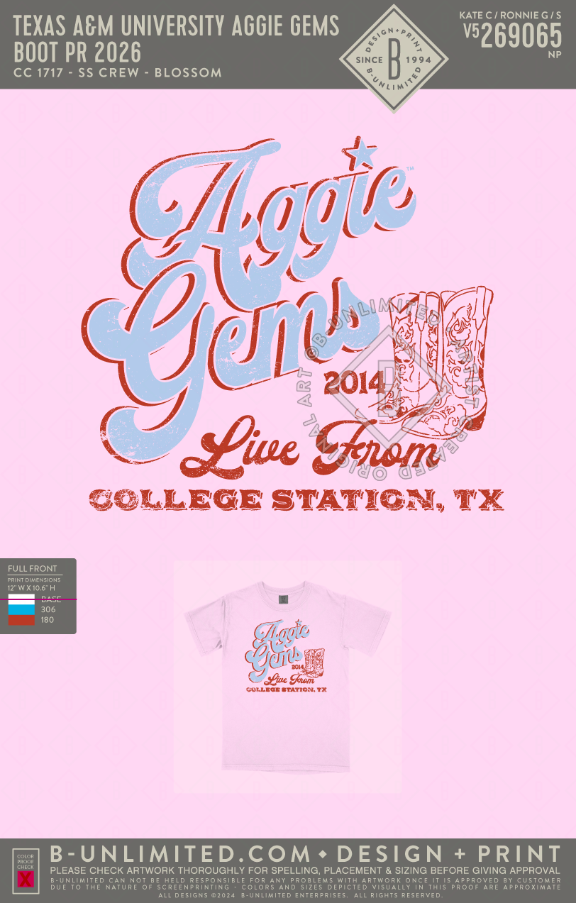 Texas A&M University Aggie Gems - Boot PR 2026 - CC - 1717 - SS Crew - Blossom