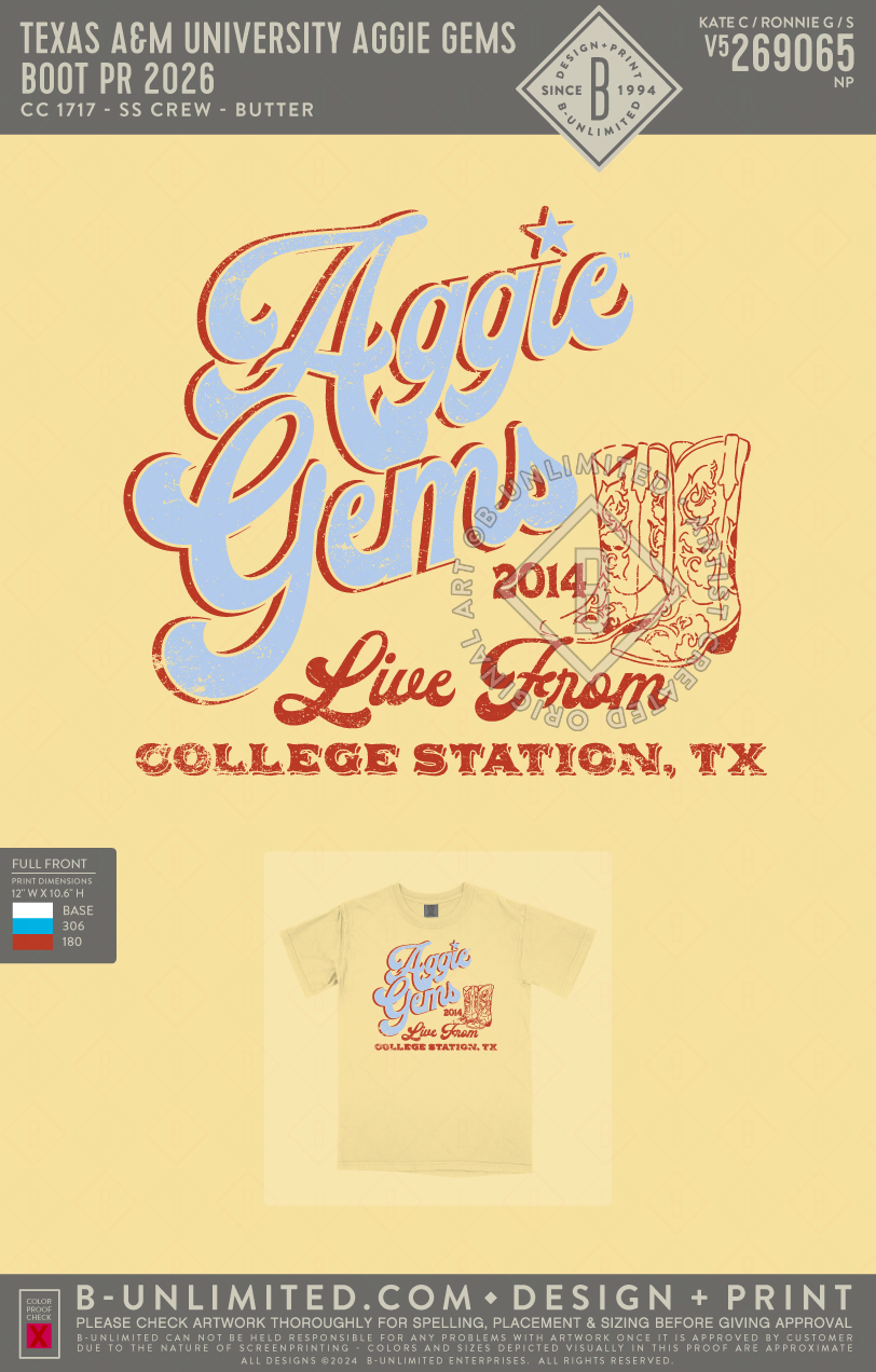 Texas A&M University Aggie Gems - Boot PR 2026 - CC - 1717 - SS Crew - Butter