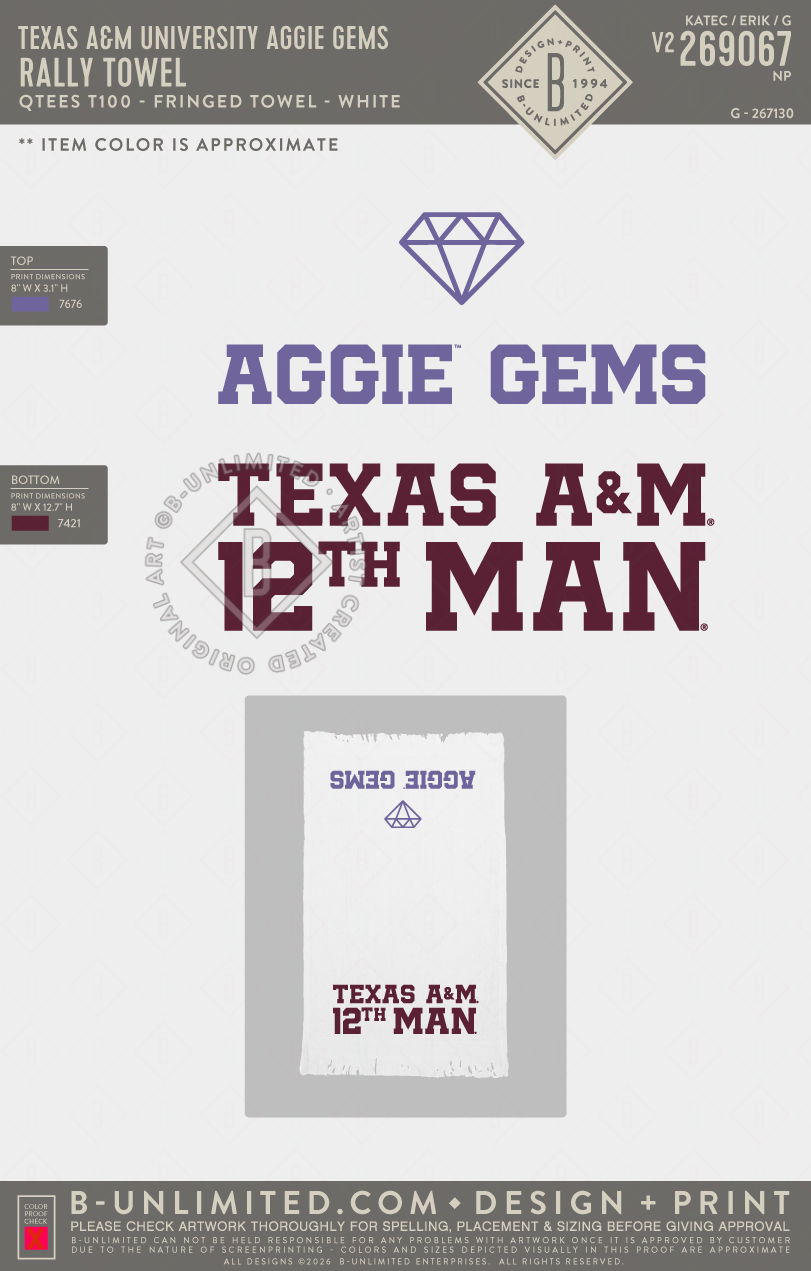 Texas A&M University Aggie Gems - Rally Towel - QTees - T100 - Fringed Towel - White