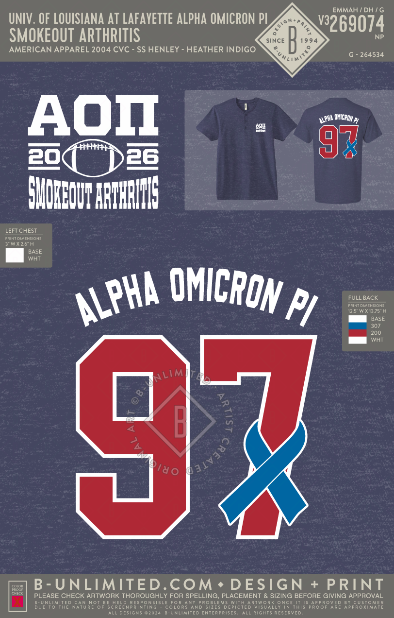 University of Louisiana at Lafayette Alpha Omicron Pi - Smokeout Arthritis - American Apparel - 2004CVC - Henley Tee - Heather Indigo