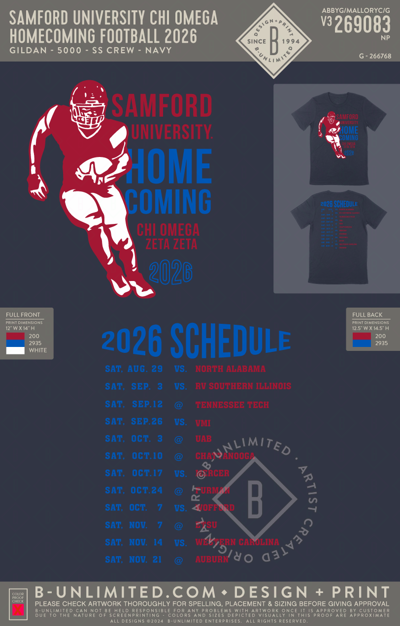 Samford University Chi Omega - Homecoming Football 2026 - Gildan - 5000 - SS Crew - Navy