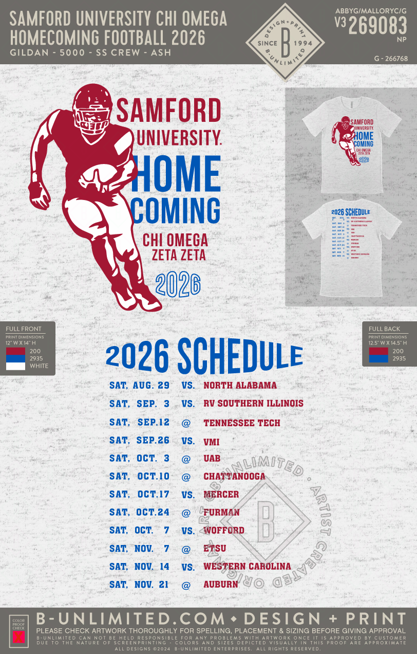 Samford University Chi Omega - Homecoming Football 2026 - Gildan - 5000 - SS Crew - Ash Grey