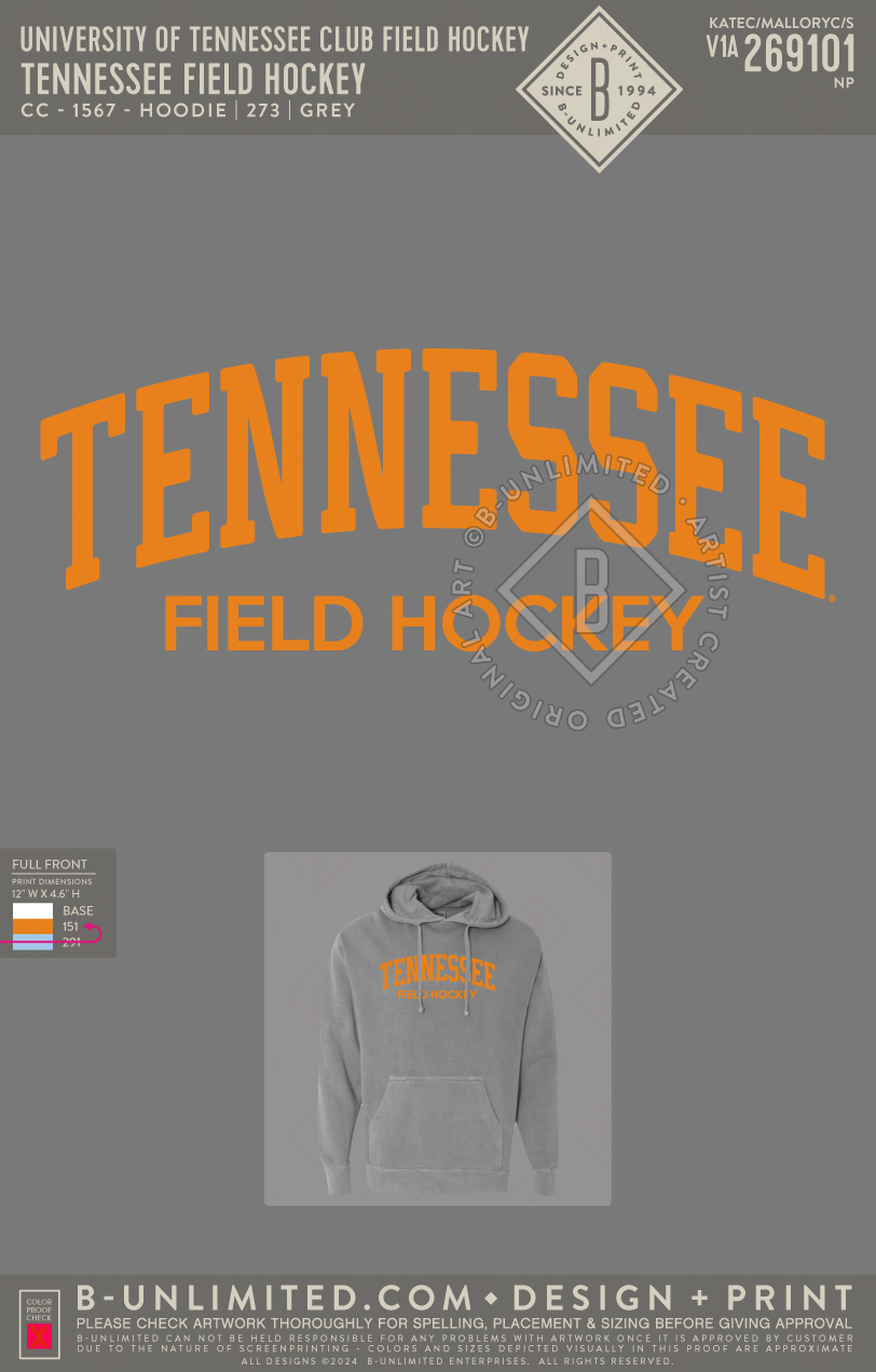 University of Tennessee Club Field Hockey - Tennessee Field Hockey - CC - 1567 - Hoodie - Grey