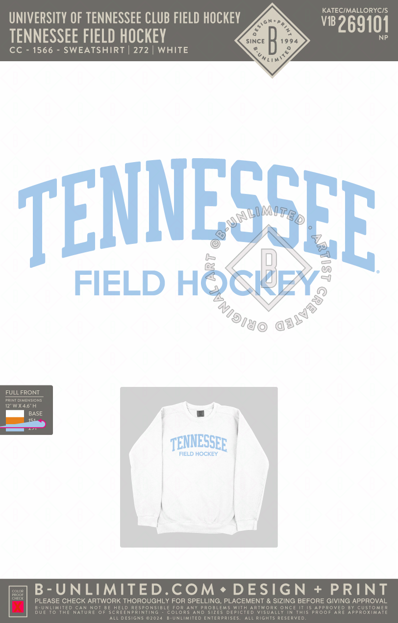 University of Tennessee Club Field Hockey - Tennessee Field Hockey - CC - 1566 - Sweatshirt - White