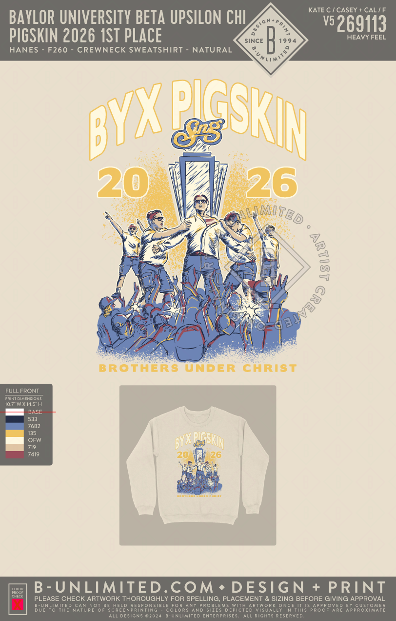 Baylor University Beta Upsilon Chi - Pigskin 2026 1st Place Sweatshirt - Hanes - F260 - Sweatshirt - Natural