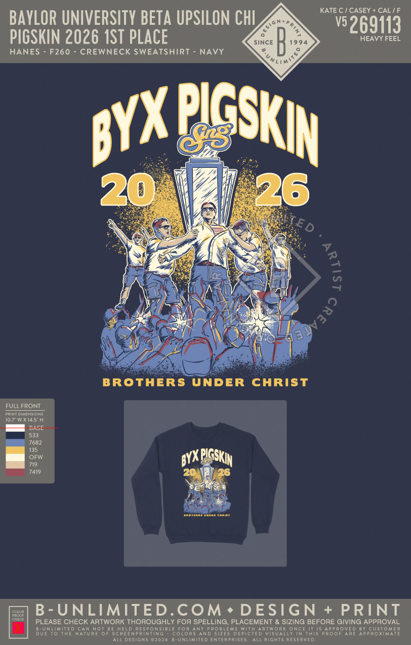 Baylor University Beta Upsilon Chi - Pigskin 2026 1st Place Sweatshirt - Hanes - F260 - Sweatshirt - Navy
