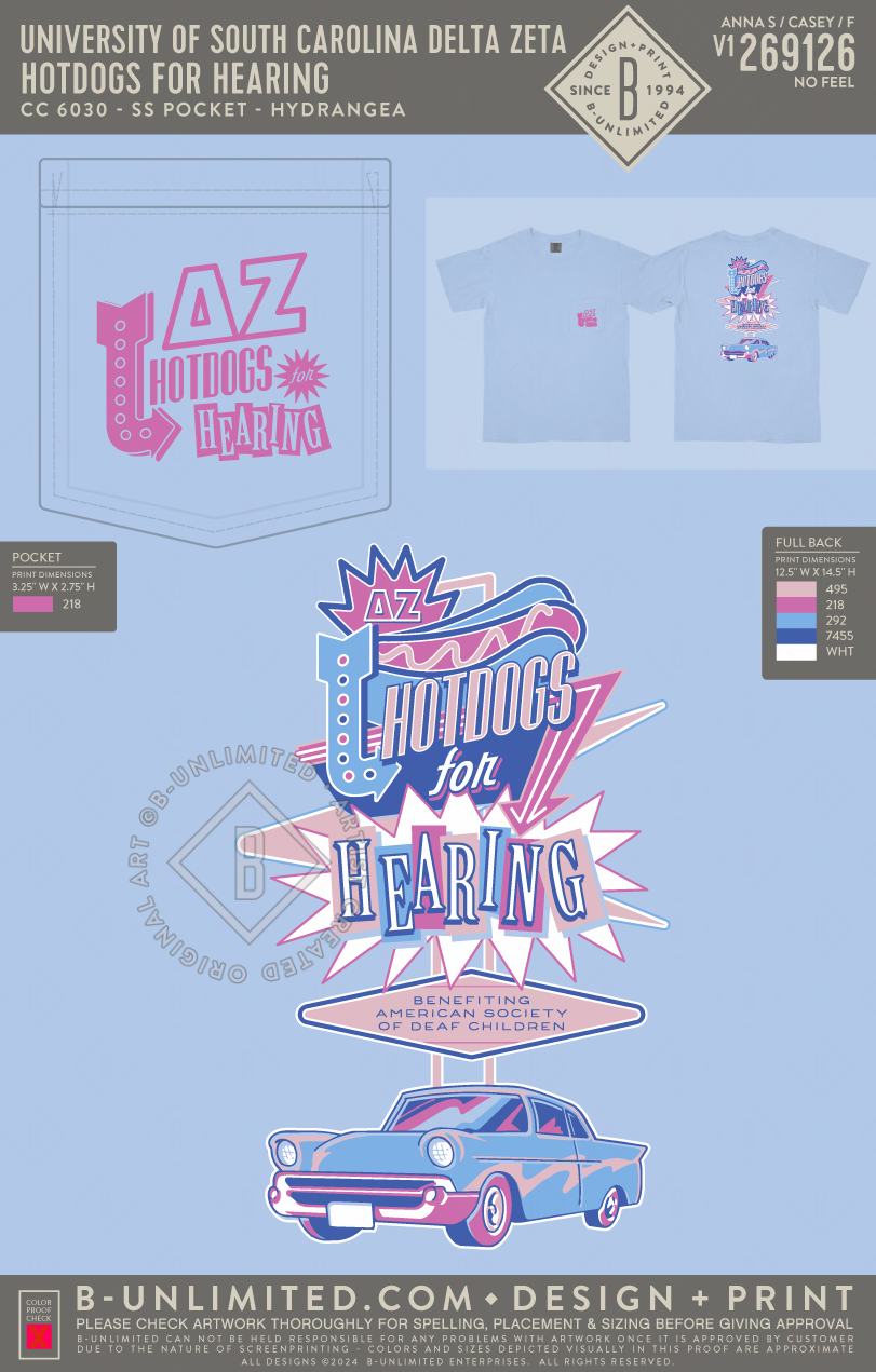University of South Carolina Delta Zeta - Hotdogs for Hearing - CC - 6030 - SS Pocket - Hydrangea