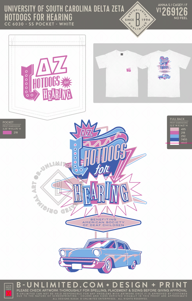 University of South Carolina Delta Zeta - Hotdogs for Hearing - CC - 6030 - SS Pocket - White