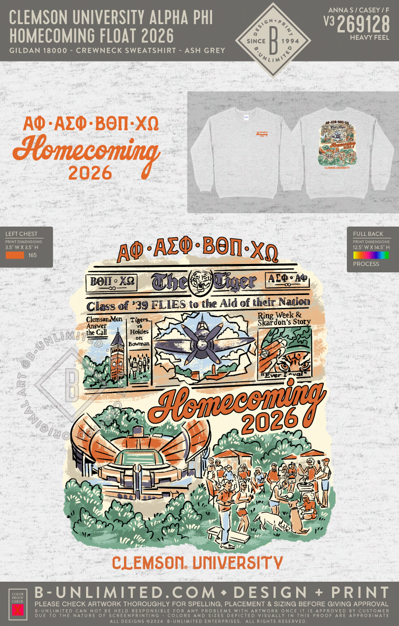 Clemson University Alpha Phi - Homecoming Float 2026 - Gildan - 18000 - Crewneck Sweatshirt - Ash Grey