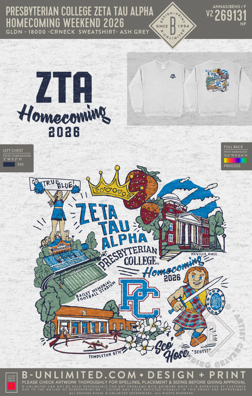 Presbyterian College Zeta Tau Alpha - Homecoming Weekend 2026 - Gildan - 18000 - Crewneck Sweatshirt - Ash Grey