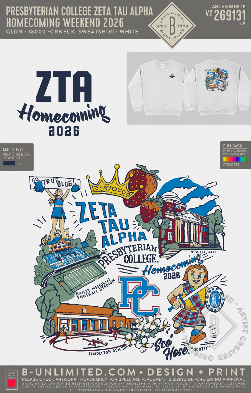 Presbyterian College Zeta Tau Alpha - Homecoming Weekend 2026 - Gildan - 18000 - Crewneck Sweatshirt - White
