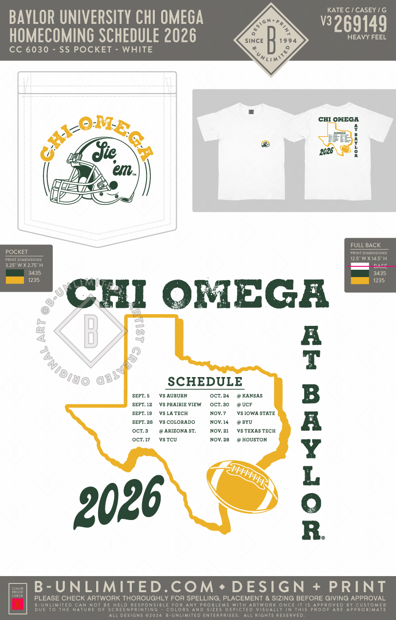 Baylor University Chi Omega - Homecoming Schedule 2026 - CC - 6030 - SS Pocket - White