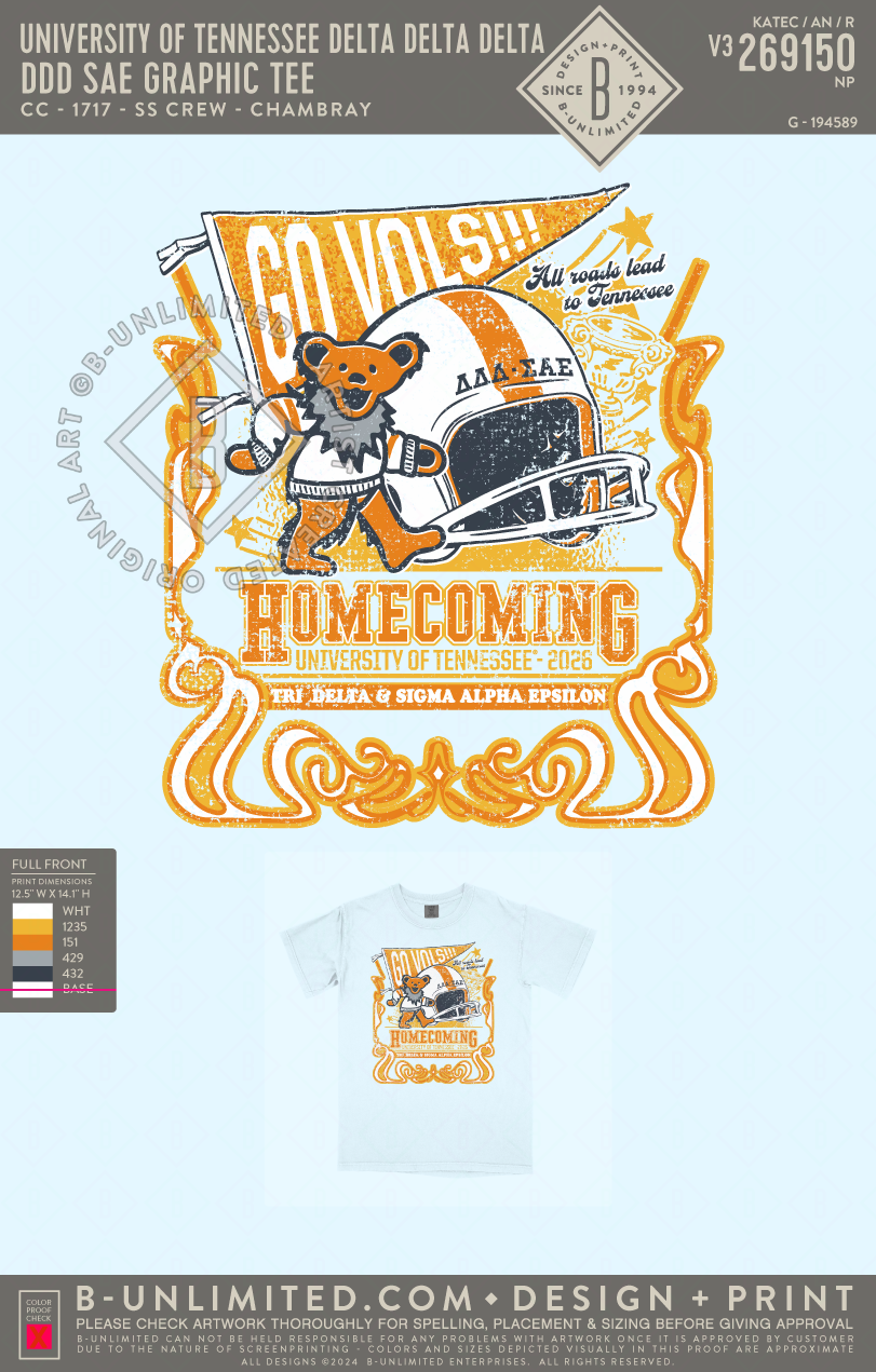 University of Tennessee Delta Delta Delta - DDD SAE Graphic Tee - CC - 1717 - SS Crew - Chambray