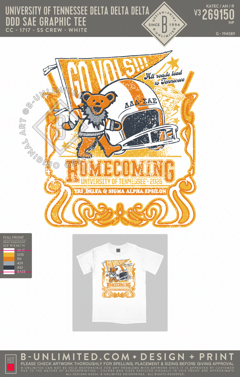 University of Tennessee Delta Delta Delta - DDD SAE Graphic Tee - CC - 1717 - SS Crew - White