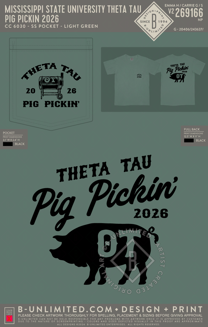 Mississippi State University Theta Tau - Pig Pickin 2026 - CC - 6030 - SS Pocket - Light Green