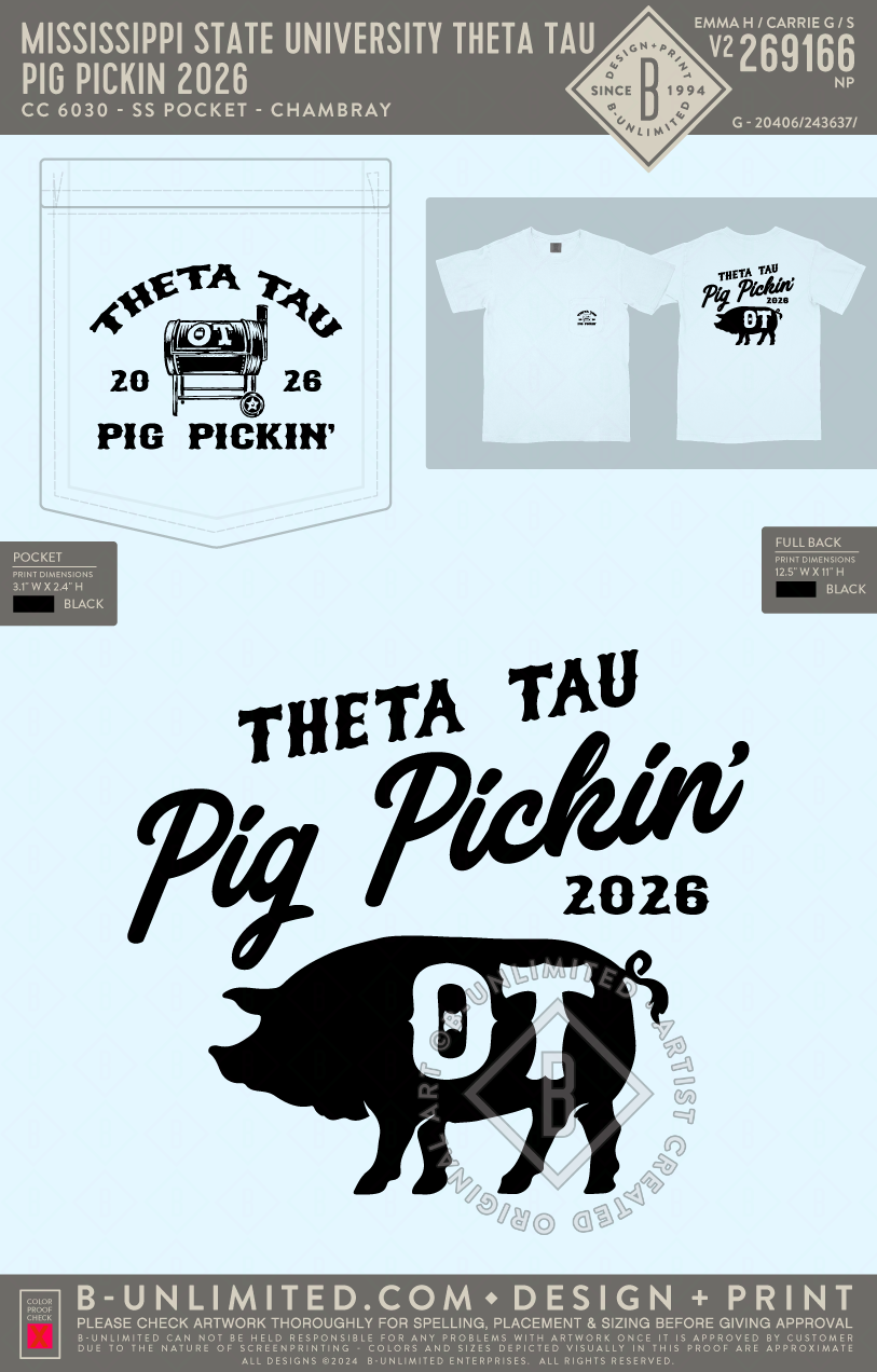 Mississippi State University Theta Tau - Pig Pickin 2026 - CC - 6030 - SS Pocket - Chambray
