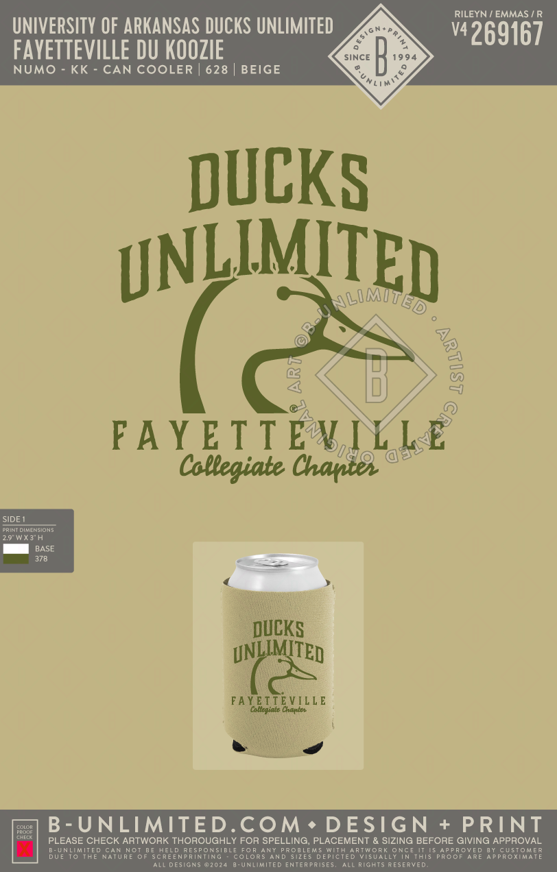 University of Arkansas Ducks Unlimited - Fayetteville DU Koozie - Numo - KK - Can Cooler - Beige