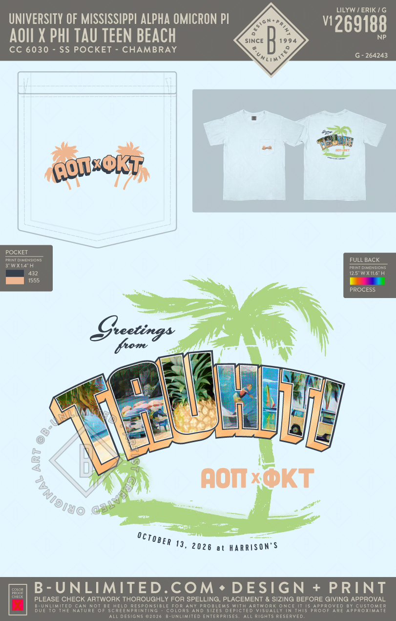 University of Mississippi Alpha Omicron Pi - AOII x Phi Tau Teen Beach - CC - 6030 - SS Pocket - Chambray