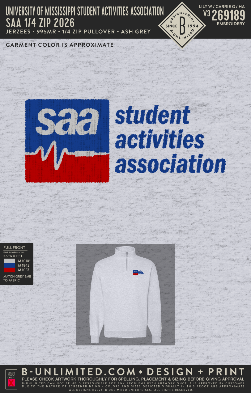 University of Mississippi Student Activities Association - SAA 1/4 Zip 2026 - Jerzees - 995MR - 1/4 Zip Pullover - Ash