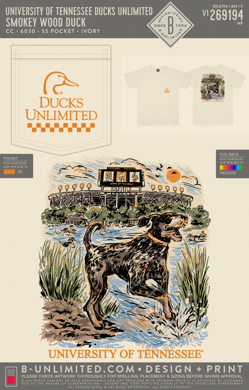 University of Tennessee Ducks Unlimited - Smokey Wood Duck - CC - 6030 - SS Pocket - Ivory