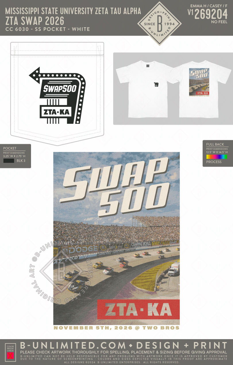 Mississippi State University Zeta Tau Alpha - ZTA SWAP 2026 - CC - 6030 - SS Pocket - White