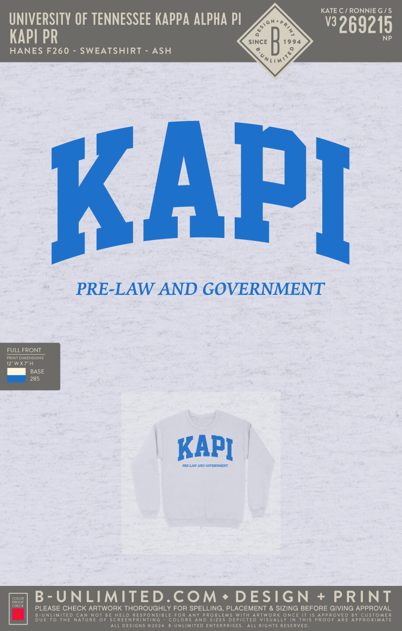 University of Tennessee Kappa Alpha Pi - KAPI PR - Hanes - F260 - Sweatshirt - Ash