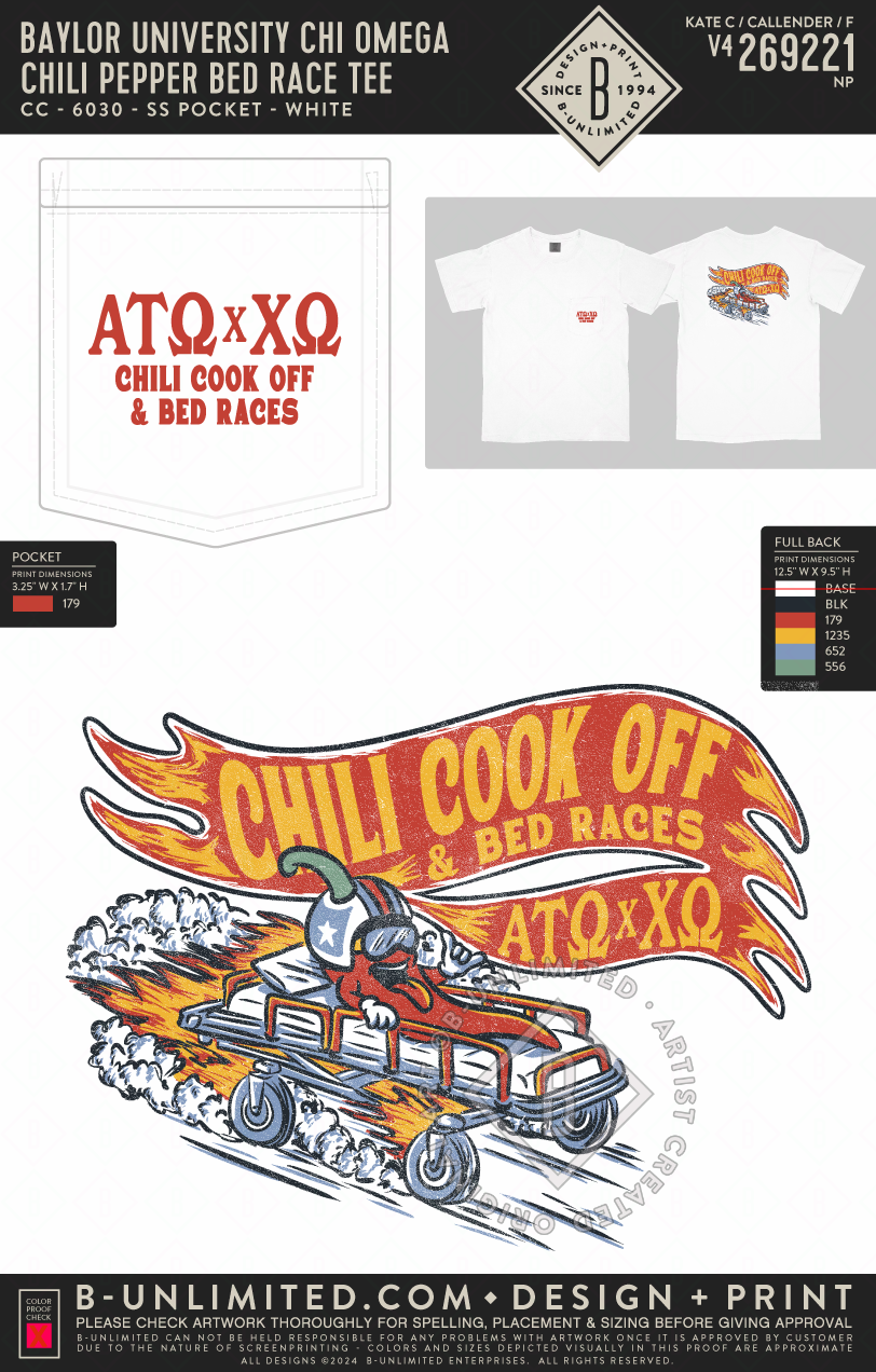 Baylor University Chi Omega - Chili Pepper Bed Race Tee - CC - 6030 - SS Pocket - White