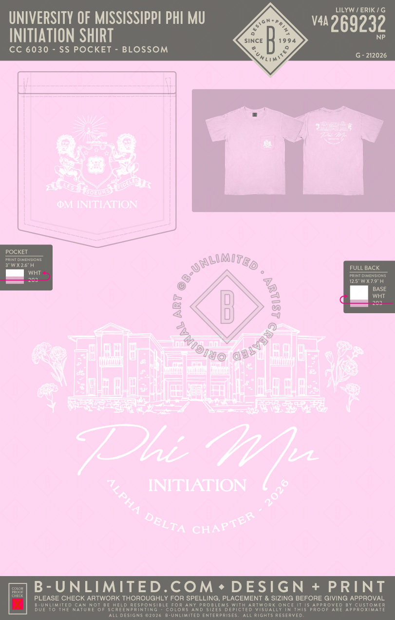 University of Mississippi Phi Mu - Initiation shirt - CC - 6030 - SS Pocket - Blossom