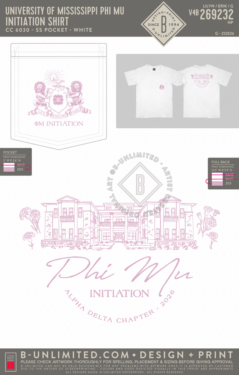 University of Mississippi Phi Mu - Initiation shirt - CC - 6030 - SS Pocket - White