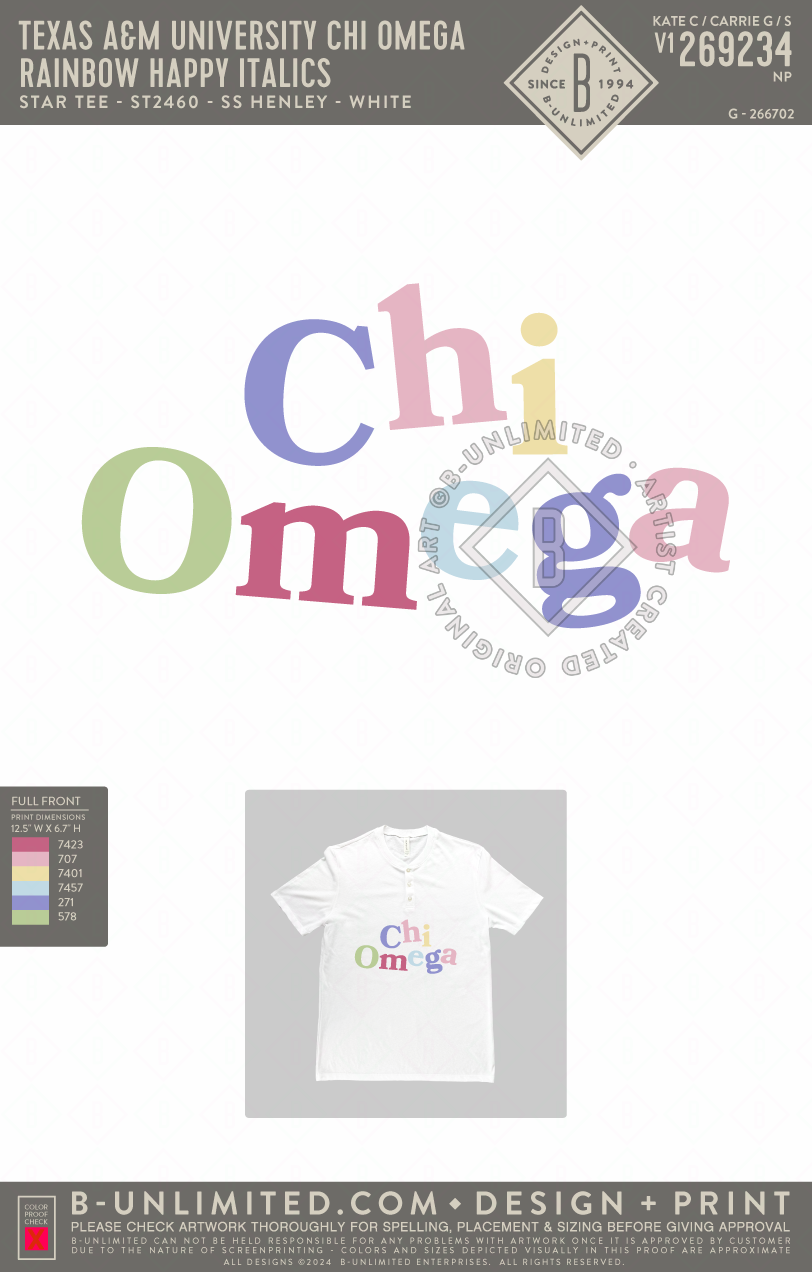Texas A&M University Chi Omega - Rainbow Happy Italics - Star Tee - ST2460 - SS Henley - White