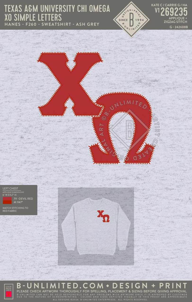 Texas A&M University Chi Omega - XO Simple Letters - Hanes - F260 - Sweatshirt - Ash