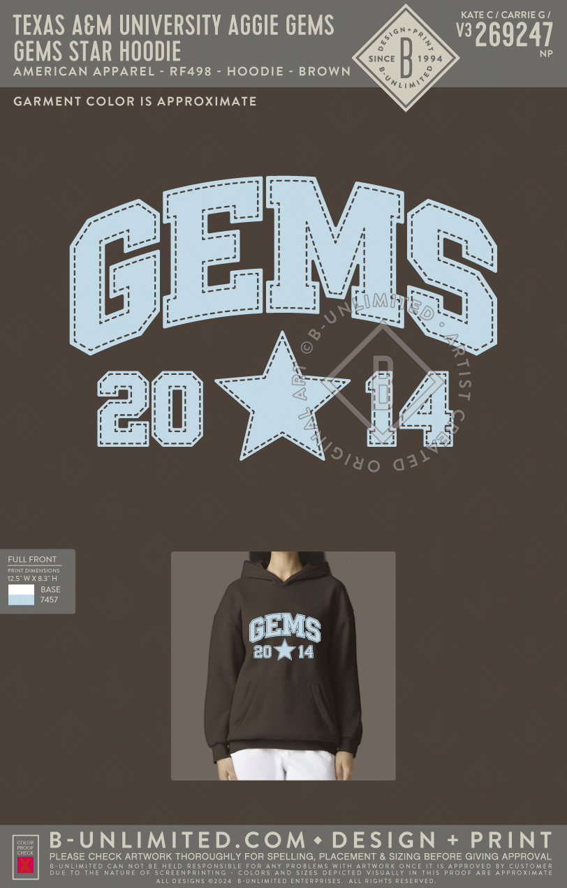 Texas A&M University Aggie Gems - Gems Star Hoodie - American Apparel - RF498 - Hoodie - Brown