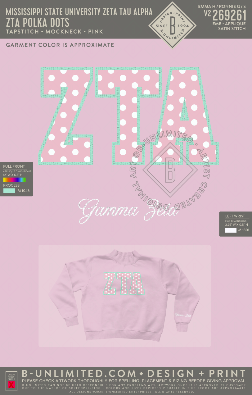 Mississippi State University Zeta Tau Alpha - ZTA Polka Dots - Tap Stitch - WW0004-P001-V2 - Mockneck Crewneck Sweatshirt - Pink