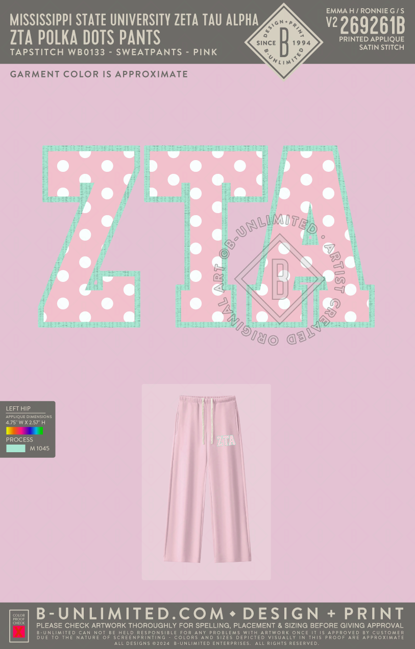 Mississippi State University Zeta Tau Alpha - ZTA Polka Dots PANTS - Tap Stitch - WB0133-P001-V2 - Women's Straight Leg Fleece Sweatpants - Pink