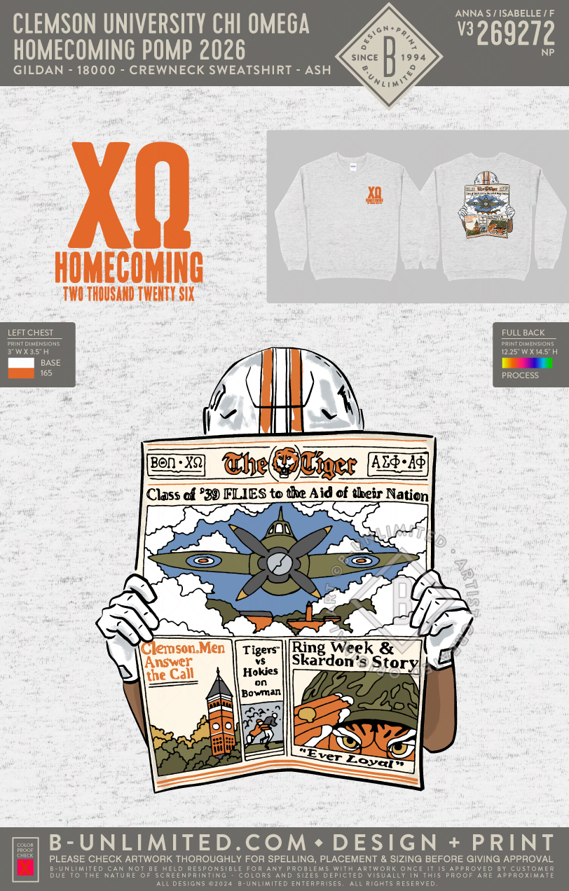 Clemson University Chi Omega - Homecoming Pomp 2026 - Gildan - 18000 - Crewneck Sweatshirt - Ash Grey