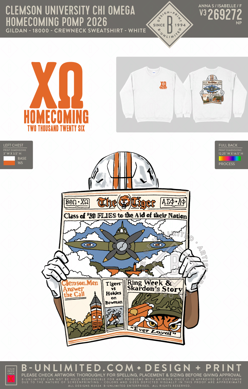 Clemson University Chi Omega - Homecoming Pomp 2026 - Gildan - 18000 - Crewneck Sweatshirt - White