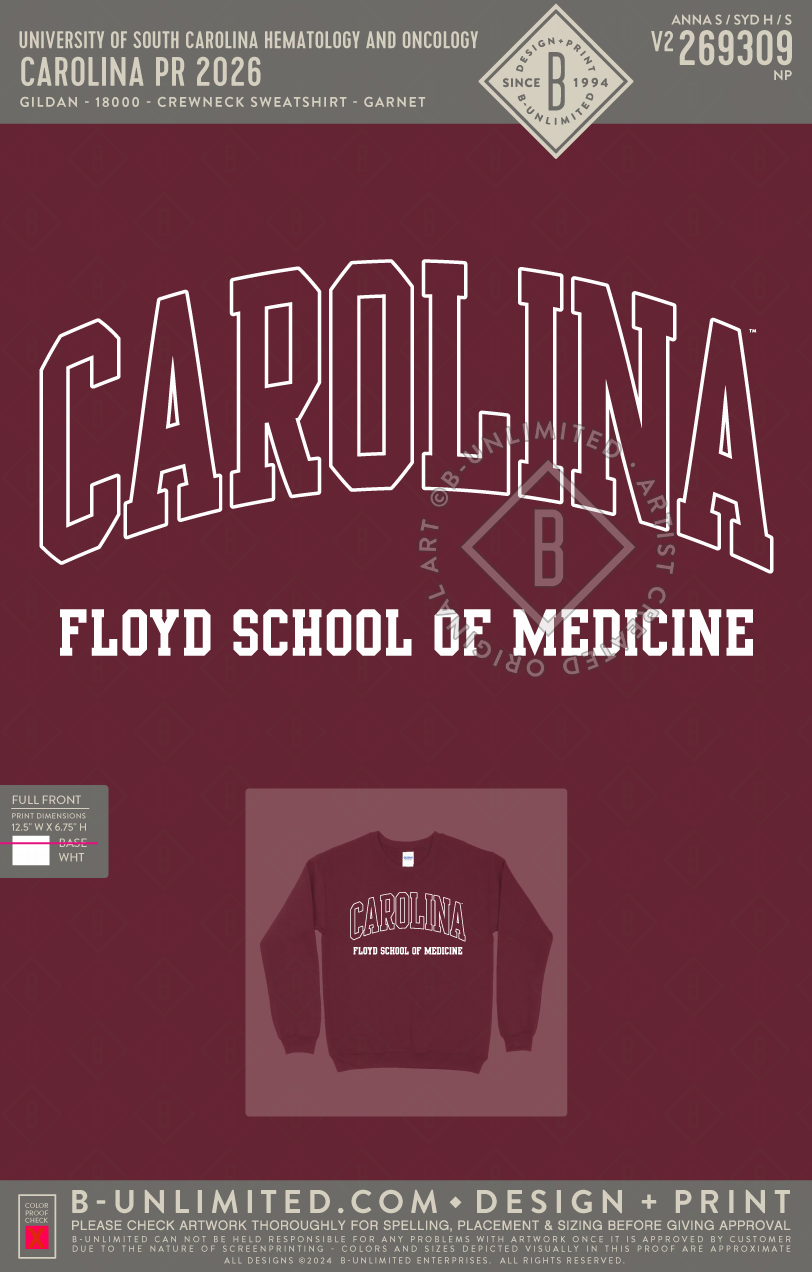 University of South Carolina Hematology and Oncology - Carolina PR 2026 - Gildan - 18000 - Crewneck Sweatshirt - Garnet