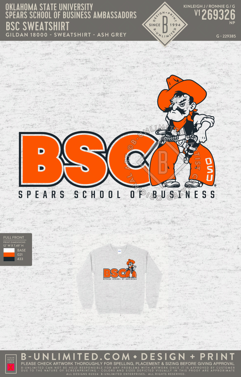 Oklahoma State University Spears School of Business Ambassadors - BSC Sweatshirt - Gildan - 18000 - Crewneck Sweatshirt - Ash Grey
