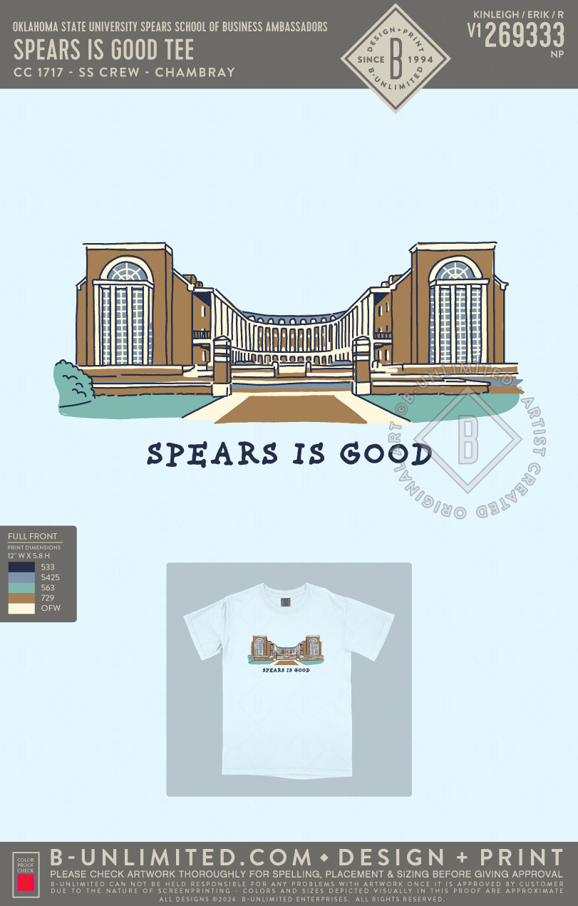 Oklahoma State University Spears School of Business Ambassadors - Spears is Good Tee - CC - 1717 - SS Crew - Chambray
