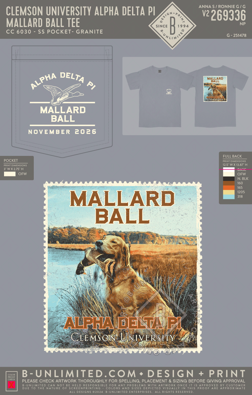 Clemson University Alpha Delta Pi - Mallard Ball Tee - CC - 6030 - SS Pocket - Granite