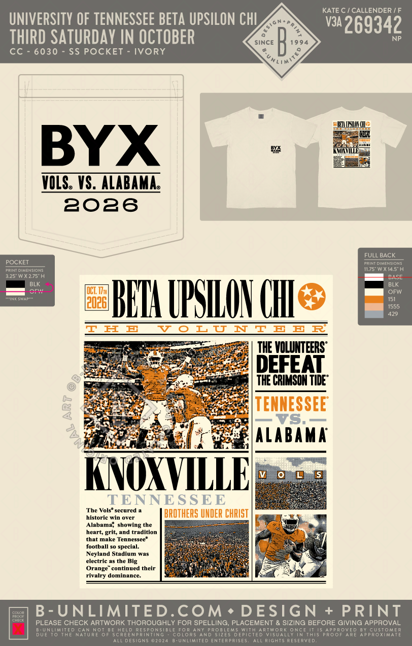 University of Tennessee Beta Upsilon Chi - Third Saturday in October - CC - 6030 - SS Pocket - Ivory