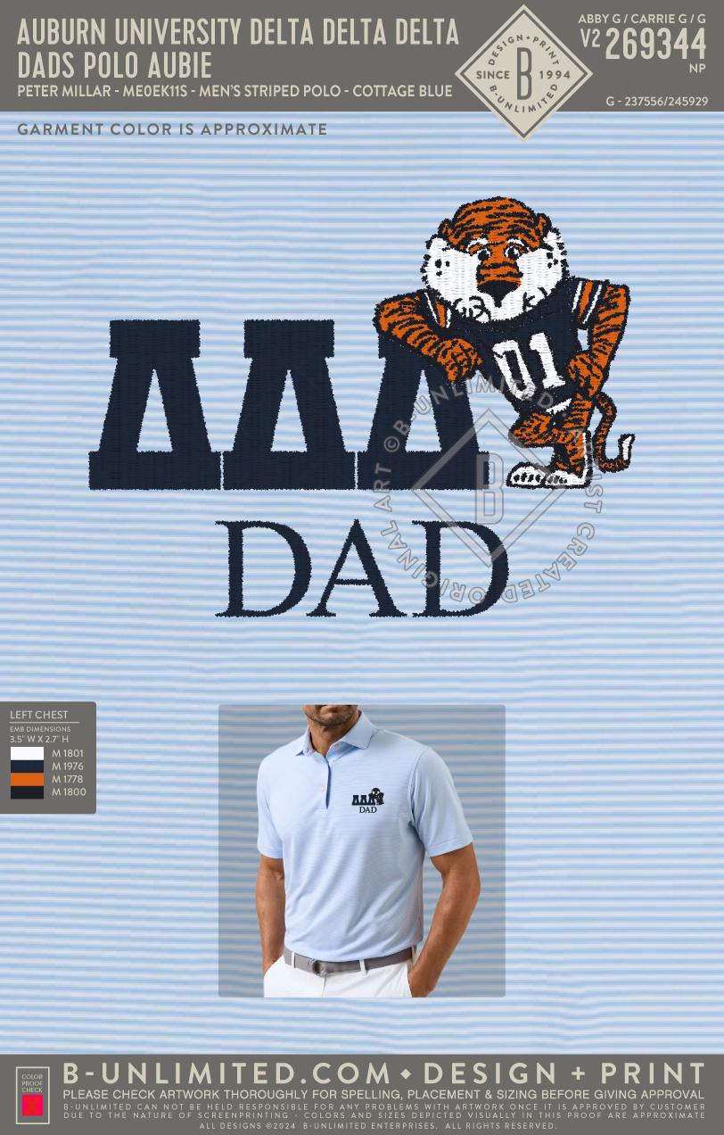 Auburn University Delta Delta Delta - Dads Polo Aubie - Peter Millar - ME0EK11S - Men's Jubilee Striped Polo - Cottage Blue