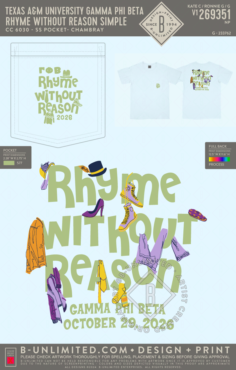 Texas A&M University Gamma Phi Beta - Rhyme Without Reason Simple - CC - 6030 - SS Pocket - Chambray