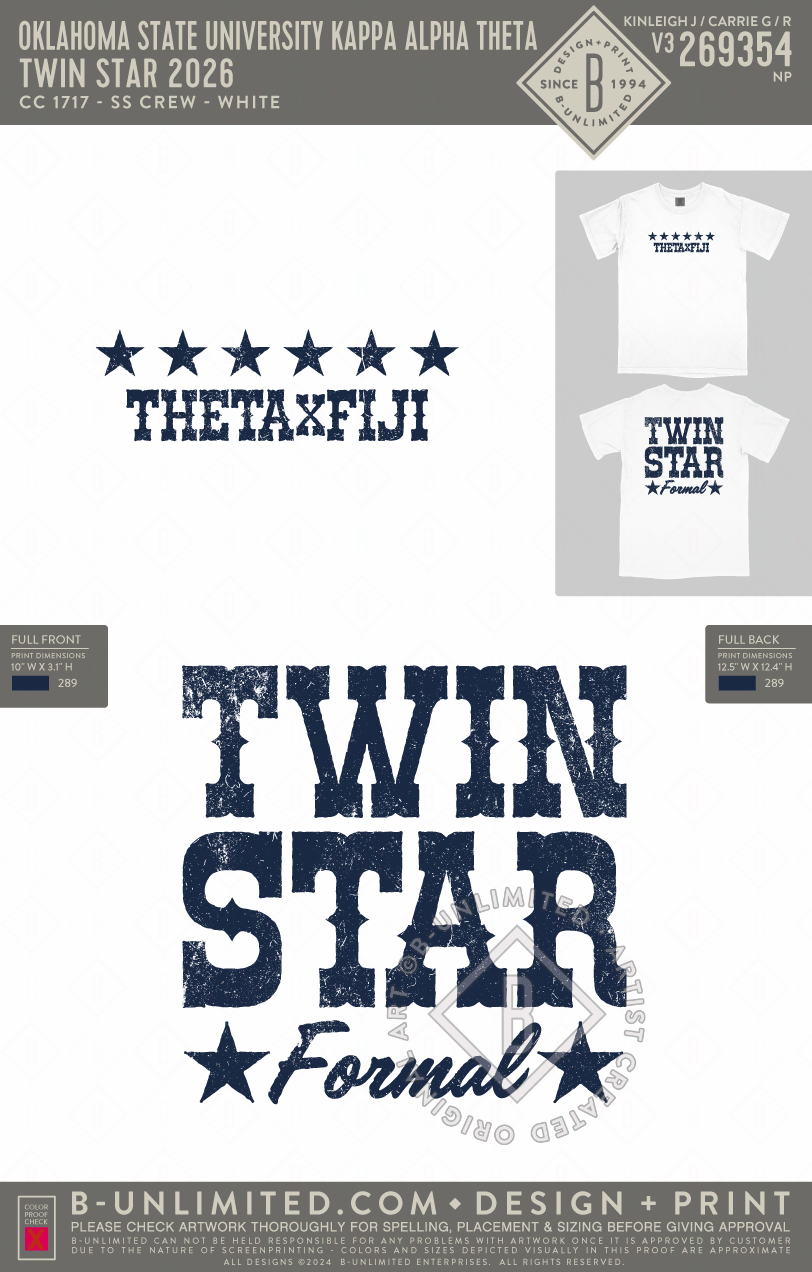 Oklahoma State University Kappa Alpha Theta - Twin Star 2026 - CC - 1717 - SS Crew - White